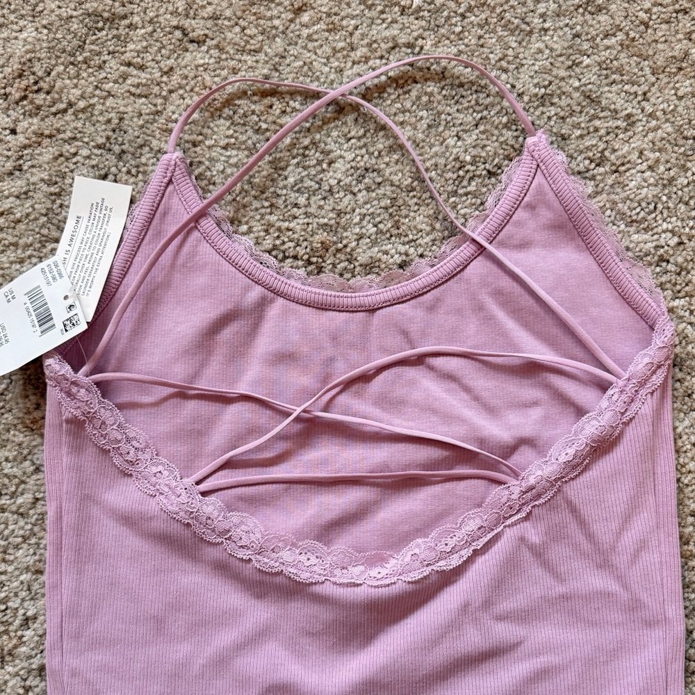 Lace Trimmed Criss Cross Low Back Scoop Neck Tank Top